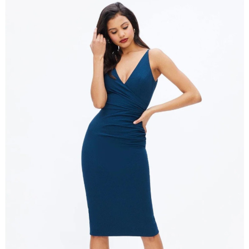 Dress The Population Anita Midi Dress V-Neck Ruched Crepe Sheath, Peacock Blue